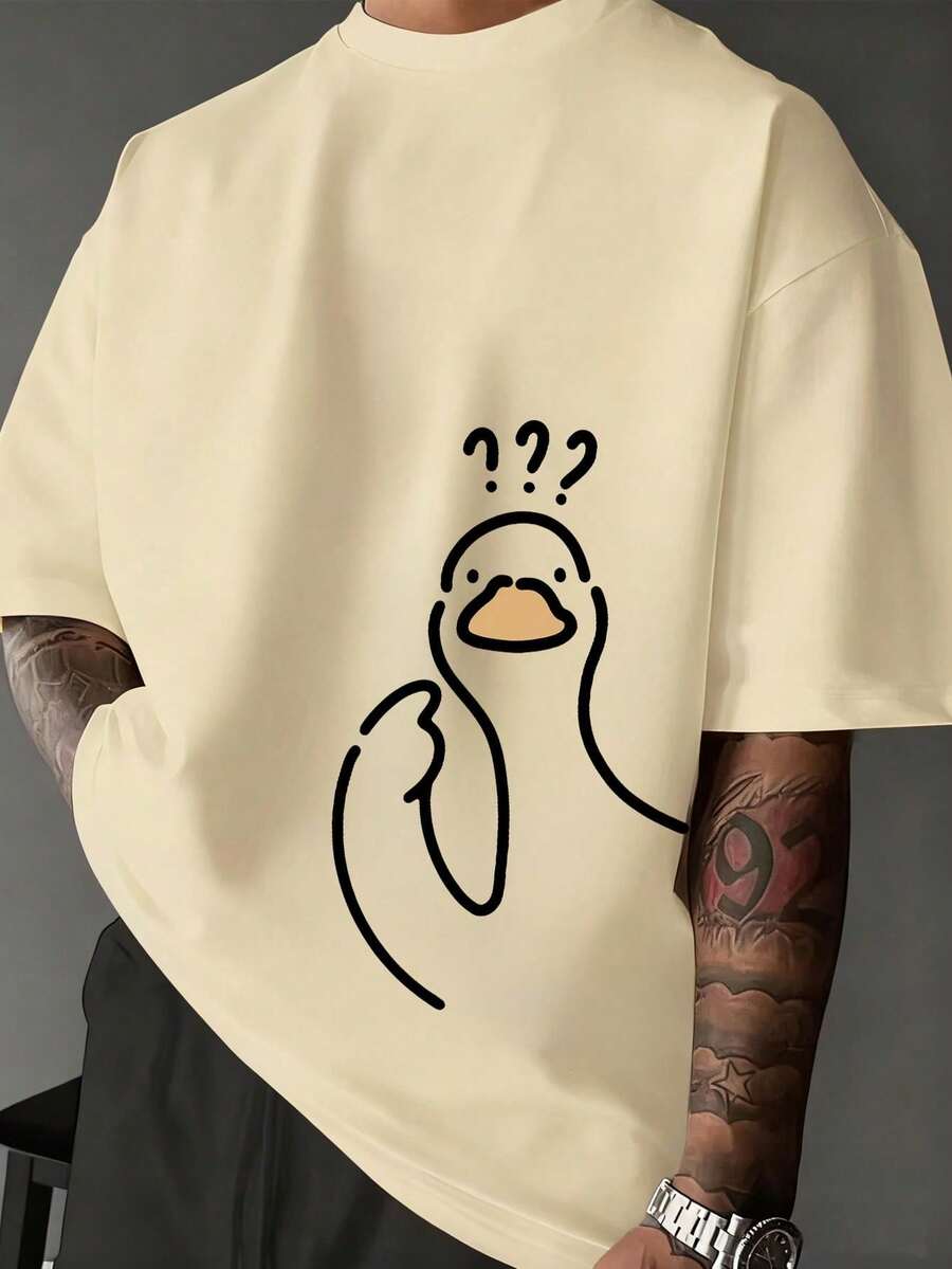 Manfinity Dauomo Camiseta casual de manga corta con cuello redondo y estampado de pato de dibujos animados para hombres de talla grande - Negro - Ver 1