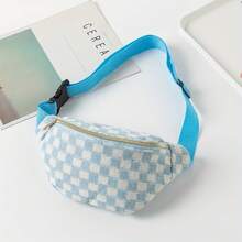1pc Checkered Waist Bag |   Adjustable Storage Bag Men And Women, Portable With Adjustable Shoulder Strap, Fashionable Travel, Hiking, Cycling, Running, Leisure - Polyester Blend, Mixed Colors, Zipper Closure MBGM - Light Blue - View 2