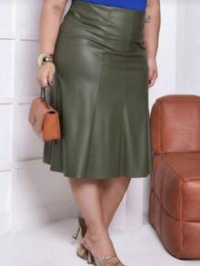 Faux Leather Midi Skirt With Cutouts And Back Zipper. - Olive Green - View 1