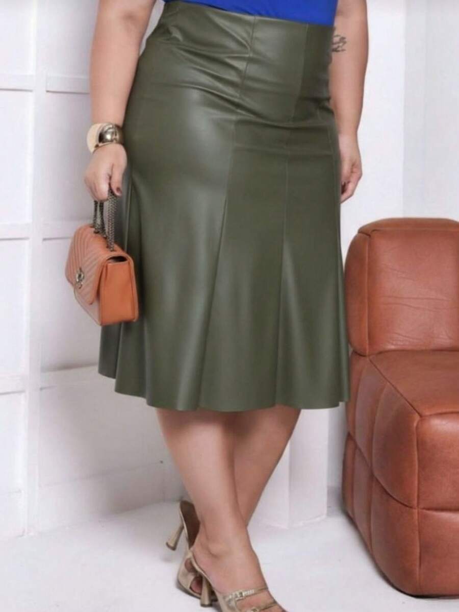 Faux Leather Midi Skirt With Cutouts And Back Zipper. - Olive Green - View 1