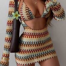 dahkjdgajy Swim  Set de 3 piezas Conjunto de bikini y pareo sexy y colorido con diseño de rayas huecas para mujer, para primavera/verano - Multicolor - Ver 5