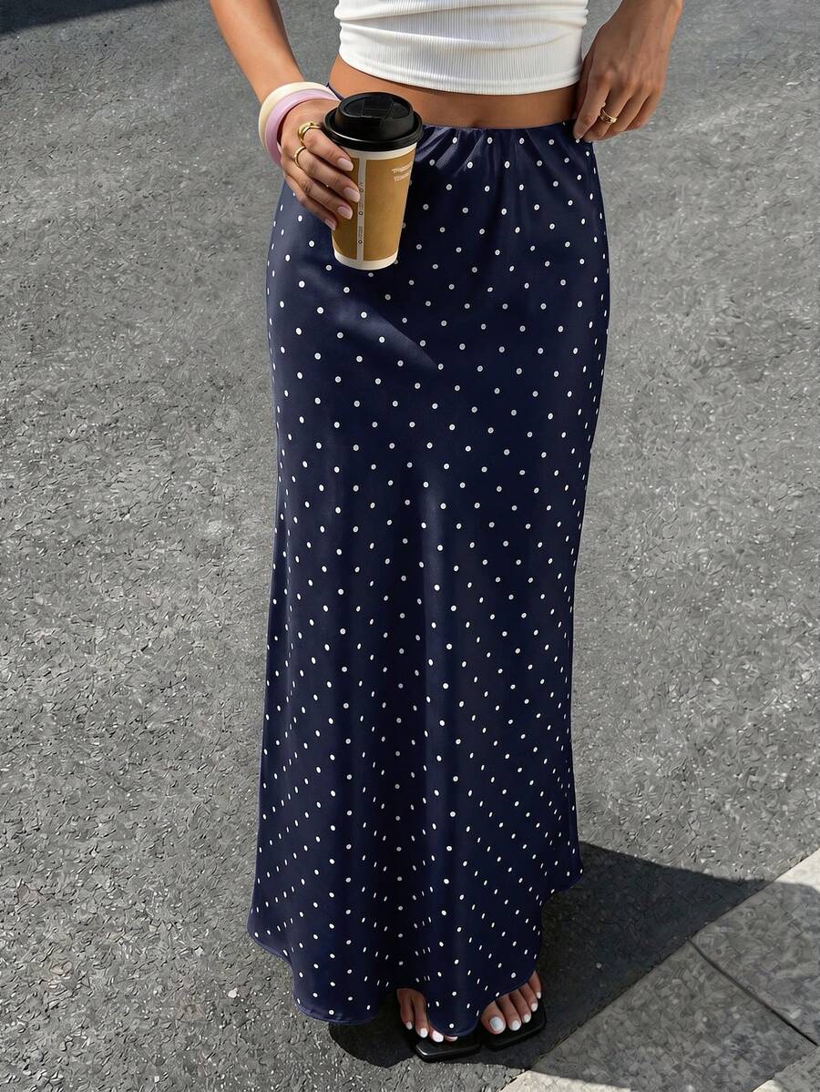 Vellofy Women's Autumn/Winter Deep Blue Polka Dot Mermaid Long Skirt, Low Waist Slim Fit Elegant Casual Home Daily Date Party Style - Navy Blue - View 1