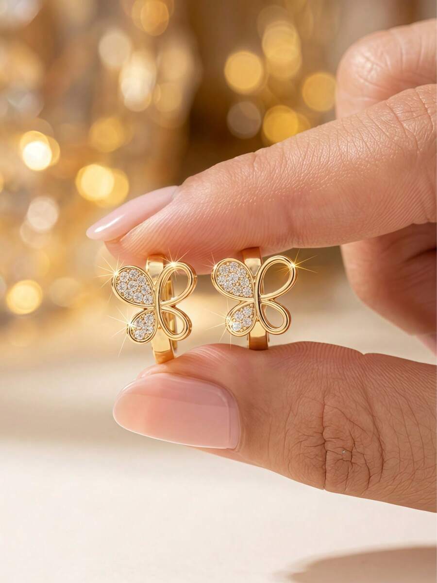 1 Pair Women's Elegant Gold Tone Butterfly Hoop Earrings, Cubic Zirconia Inlaid Sparkly Statement Earrings - Gold 2 - View 1