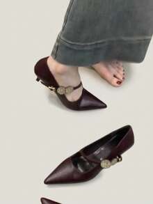 3.5cm Heel French Retro Elegant Pointed Toe Kitten Heel Sandals For Women, New Summer Commuting & Evening Wear, Elegant, Party - Burgundy - View 8