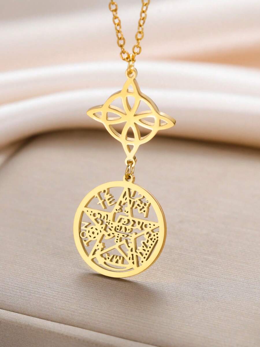 LIKGREAT 1pc Double Amulet Protection Necklace Knot Pentagram Four-Character Stainless Steel Protective Jewelry Wholesale
