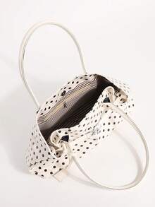 Bolso de axila de PU con lunares en contraste blanco y decoración de correa, bolso tote de gran capacidad, bolso de hombro para mujer adecuado para ir al trabajo y hacer compras - Blanco - Ver 8
