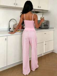 2pcs/Set Women's Summer New Style, Solid Color Camisole Tank Top And Plaid Long Pants Pajama Set - Pink - View 2
