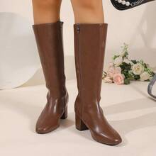 Autumn/Winter Retro Pointed Toe Chunky Heel Riding Boots, Versatile Side Zipper High Shaft Boots, Daily Commute & Date Slimming Long Boots - Brown - View 4