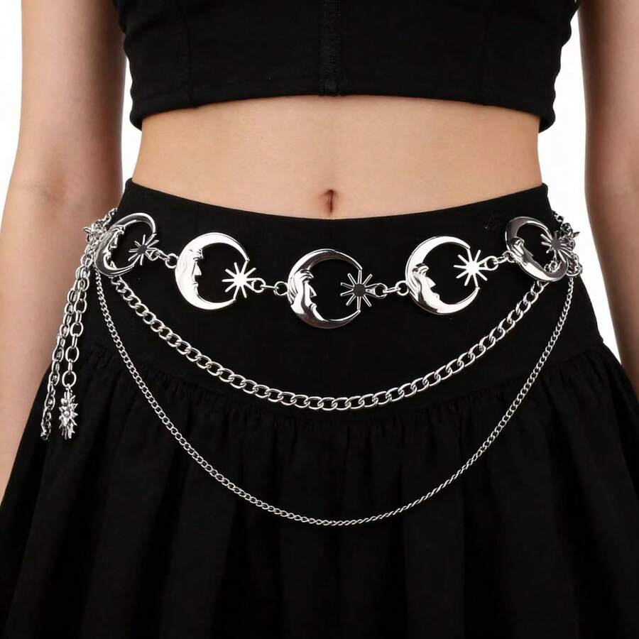1pc Women's Street Punk Multi-Layer Moon Waist Chain, Suitable For Daily Matching With Dresses And Jeans Mexico - Silver - View 1
