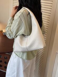 大容量復古柔軟素色女款單肩包，多功能斜挎包手提包女款大容量單肩斜挎包休閒通勤包 - 白色 - 查看 10