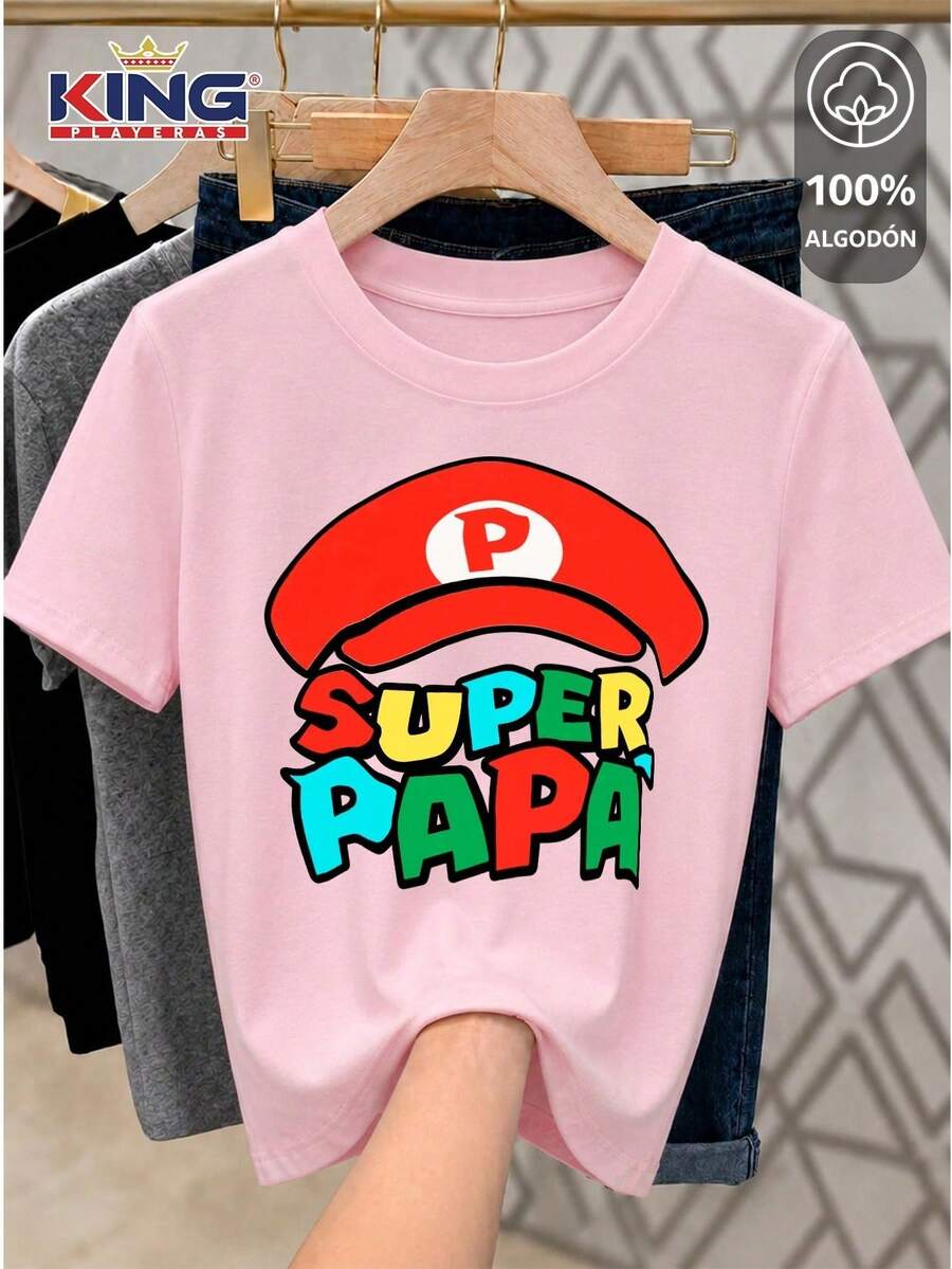SHENDY VENDY Women's Printed T-Shirt, 100% Cotton Short Sleeve - "Super Dad" Retro Gamer Style - 粉色 - 查看 1