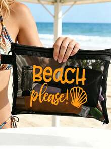 "Beach_please" 與海星圖案海灘網袋，便攜式口紅與氣墊粉撲化妝袋，沿海設計盥洗包，透明大容量旅行化妝收納袋，夏威夷風格網狀化妝袋，適合海灘度假，便攜購物袋，假期、健身、母親節禮物、情人節、教師與女性旅行、短途旅行及旅行必需品的理想選擇 - 彩色 - 查看 10