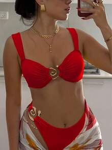 New 2026 Model: New Two-Piece Bikini With Metallic Accessory And Solid Color For Women, Beach Swimsuit With Opening - [紅色的] - 查看 1