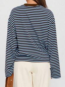 SDNGED Women's Casual Top, Striped Color Block Ribbed Fabric, Everyday Wear Spring/Autumn - Blue-brown - View 12