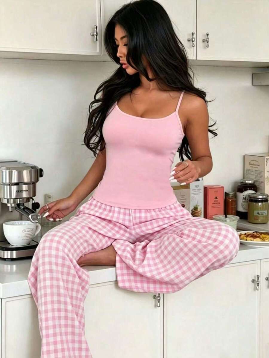 2pcs/Set Women's Summer New Style, Solid Color Camisole Tank Top And Plaid Long Pants Pajama Set - Pink - View 1