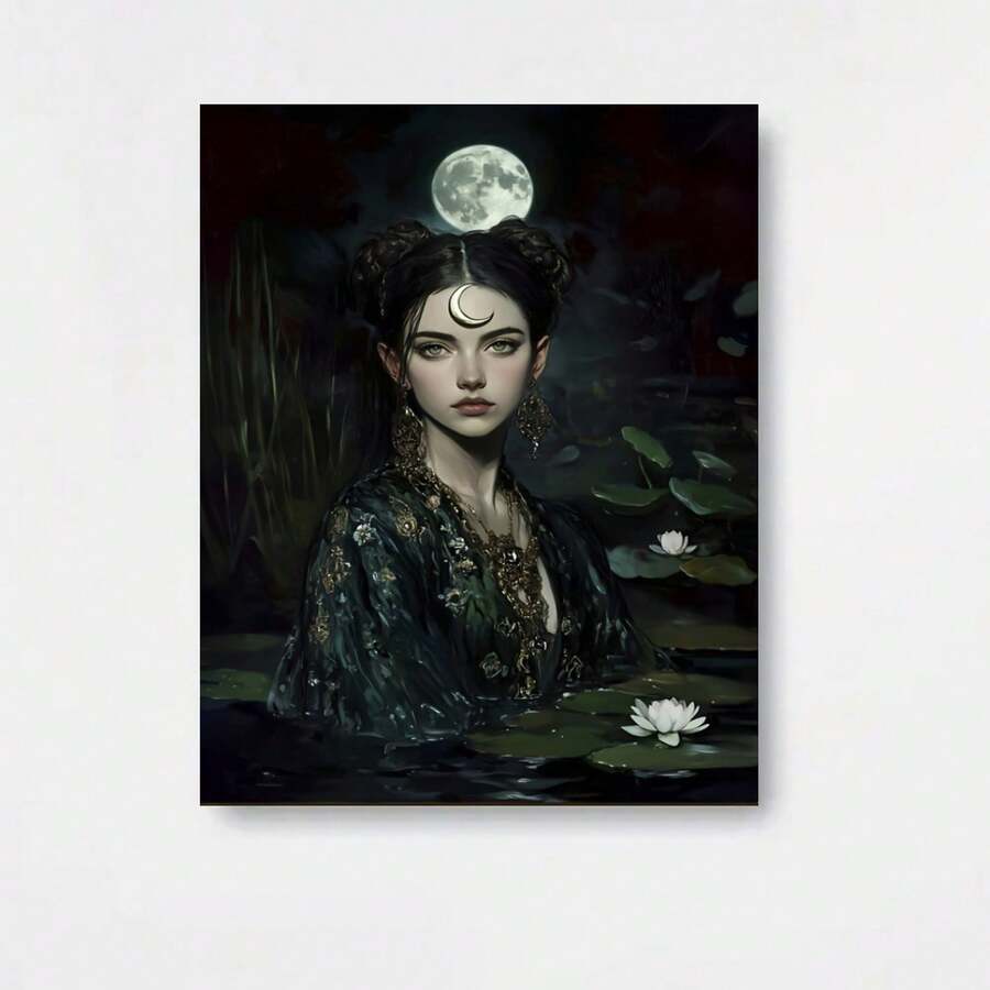 Plano 2D, 1 pieza de póster e impresión de arte de pared en lienzo sin marco, Arte de pared Hechicera a la luz de la luna, Mujer de fantasía oscura con luna creciente, Retrato de diosa celestial, Impresión de ninfa acuática gótica, para sala de estar, dormitorio, decoración del hogar - Enmarcado - Ver 1