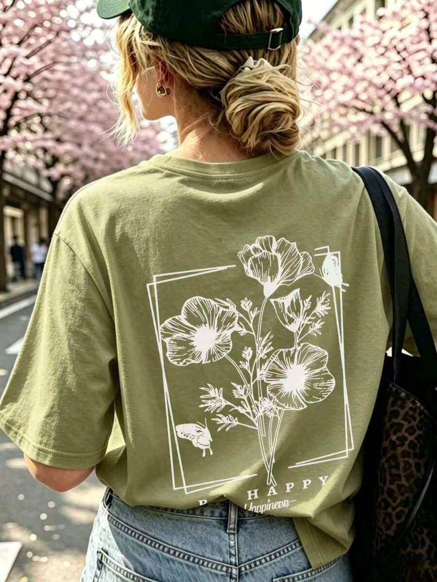 夏季新款簡約時尚Ins風花卉蝴蝶印花休閒圓領短袖T恤百搭女上衣 - 橄欖綠 - 查看 1