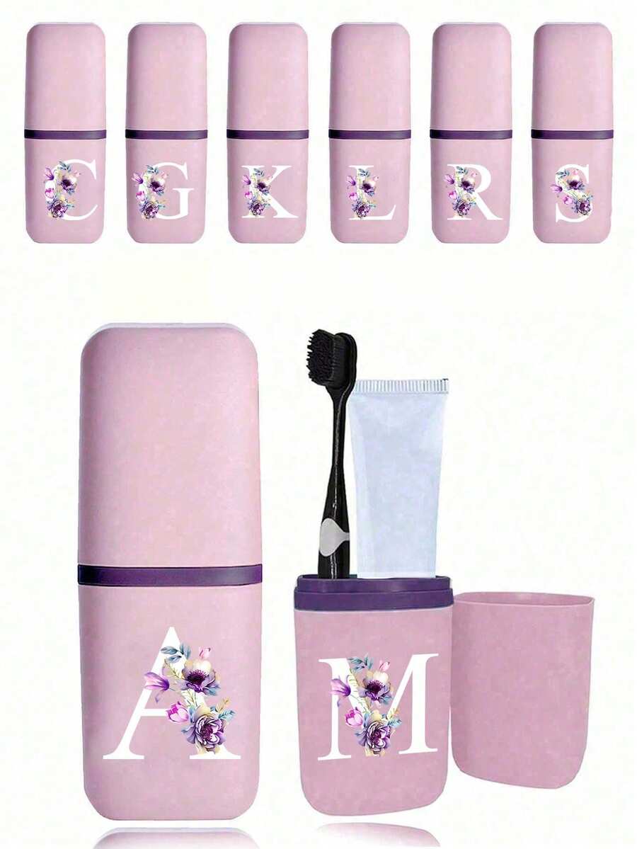 A-Z字母花卉装饰便携式旅行牙刷盒，浴室用品，户外旅行牙刷牙膏收纳盒，图案防尘整理盒，旅行必备，返校用品，露营装备，暑假用品，浴室配件，家居用品，收纳