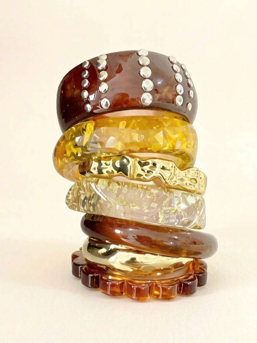 imoli 7pcs/Vintage Tortoise Shell Resin And Gold Polished Stackable Wide Round Bangles Metal Inlaid Bracelets With Gold Foil Decoration, Personalized Wrist Jewelry, Suitable For Beach Vacation, Daily Wear, Party, Club, Date