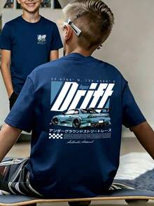 Boys' Loose Round Neck T-Shirt, Navy Blue With Front & Back Drift Racing Car Graphic Print, Casual Streetwear For Summer Daily Wear - Navy Blue - View 2