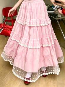 Teen Girl Summer Lace Trim High Waist A-Line Long Skirt 13-16 Years Old - Pink - View 6