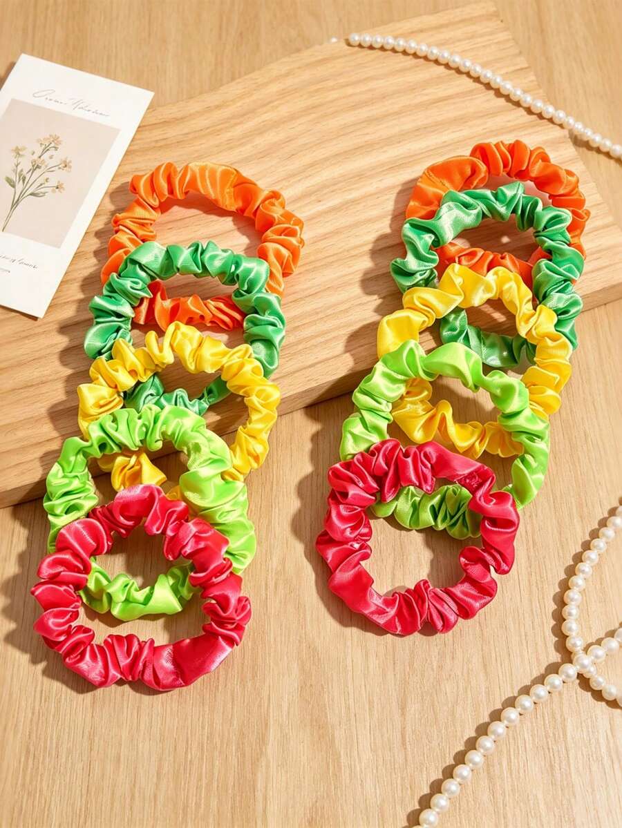 Set de 10 piezas de coleteros de satén de colores brillantes, unicolor, estilo casual streetwear, lindos, de poliéster, elásticos para coleta, bandas de goma - Multicolor - Ver 1