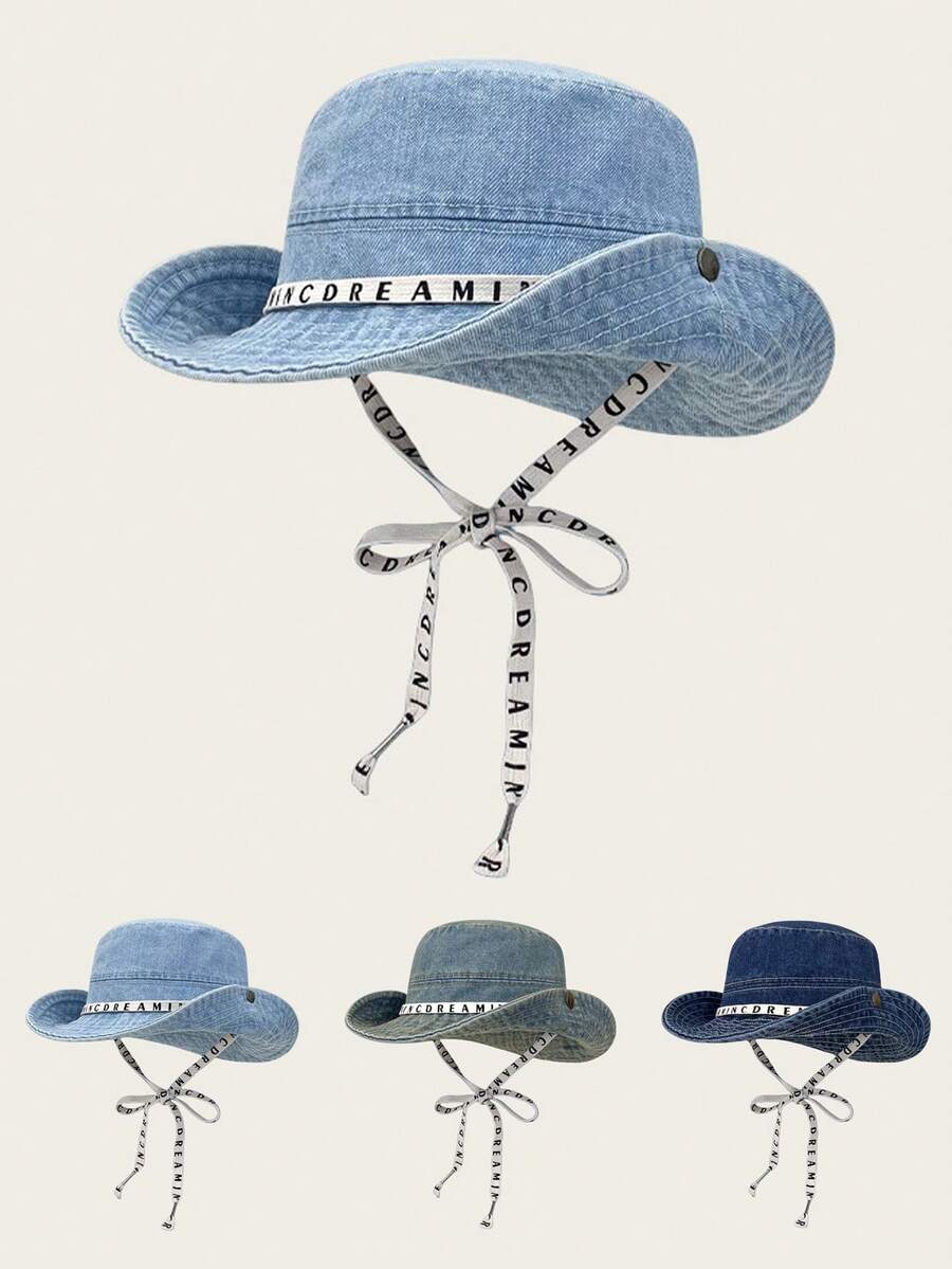 1pc Women's Solid Color Korean Style Japanese Streetwear Washed Distressed Hat With Rope Tie Decor Fashion Bucket Hat Western Cowboy Hat, Outdoor Hiking Camping Climbing Foldable Sun Hat, Spring Summer Autumn Sun Protection Hat For Campus Students Travel Beach - A - View 1