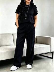 Women's New Round Neck Short Sleeve T-Shirt And Elastic Waist Loose Pants 2-Piece Set, Casual Daily Wear, Spring/Summer Elegant - Black 1 - View 4