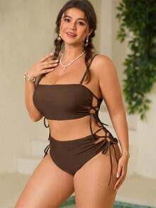 Swim Mod Women's One Size Solid Color Two Piece Swimsuit Set With Side Drawstring - Mocha Brown - View 1