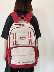Large Capacity Color Block School Backpack | Beige & Black Bag With Logo & Striped Details | School/Travel/Commute | Bag,Y2k - Multicolor - View 4