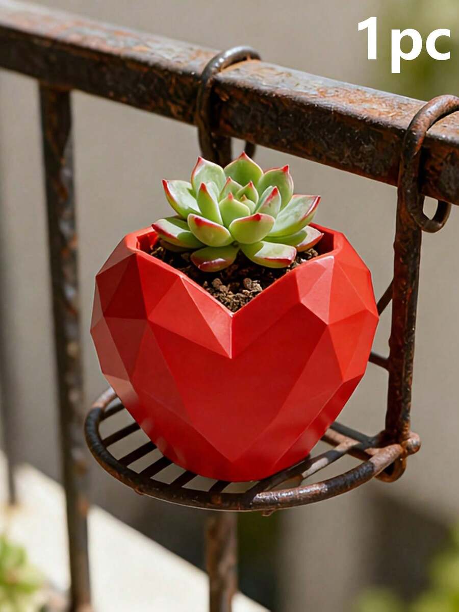 1个耐用塑料几何心形花盆 - 现代/户外花盆,3D打印,适用于阳台、花园、桌面装饰,不对称心形植物盆,多肉植物盆,情人节、母亲节的理想礼物 - 多色 - 查看 1