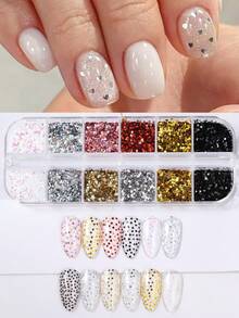 12-Grid 1mm Ultra-Mini Star & Heart Glitter Nail Art Sequins, Ultra-Thin Y2K Holographic Laser Gold Silver Pink Aurora Glitter, Small Heart Nail Decoration Accessories, Japanese Salon DIY Supplies - Multicolor - View 5