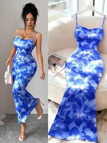 Nuevo Llegado Primavera/Verano Elegante Encantador Sexy Vestido Ajustado con Estampado Floral Rosa Pálido de Cuello Halter y Espalda Descubierta, Adecuado para Vacaciones y Playa - Azul - Ver 1