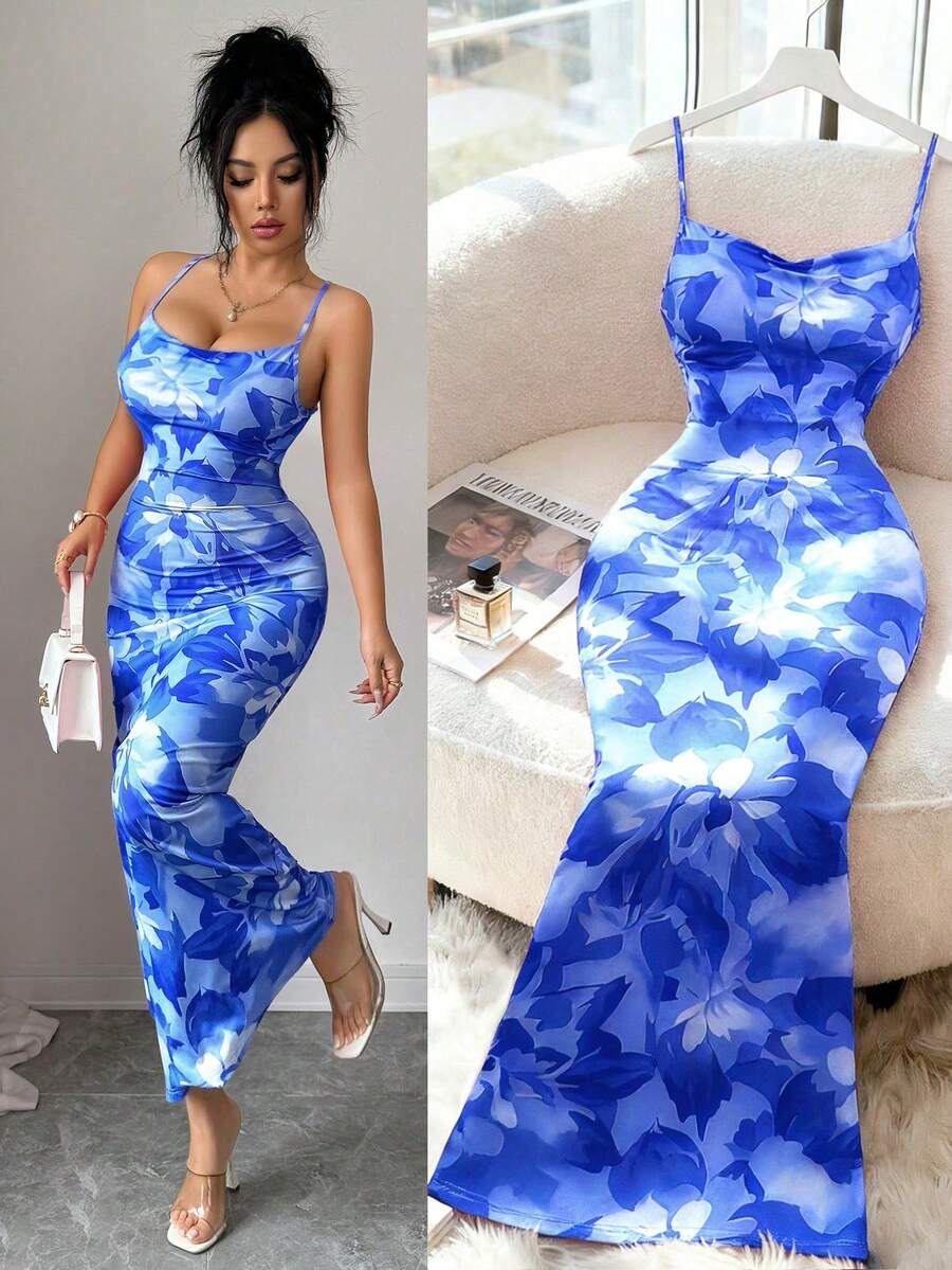 Nuevo Llegado Primavera/Verano Elegante Encantador Sexy Vestido Ajustado con Estampado Floral Rosa Pálido de Cuello Halter y Espalda Descubierta, Adecuado para Vacaciones y Playa - Azul - Ver 1