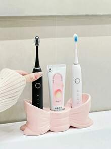 1pc White & Pink Bow Toothbrush Holder, 3-Compartment Independent Storage Rack, Suitable For Bathroom Countertop, Multi-Functional Toothbrush & Toothpaste Organizer, Durable And Elegant Home Decor Accessory, Stylish Bathroom Supply - B - View 7