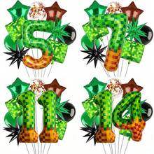 Pixel Miner Number Mylar Balloon, Green, 40 Inch Large, with Brown Pixel Cube Boxes, Video Game Theme Birthday Party Decorations - Globos-10 unidades-5 - Ver 3