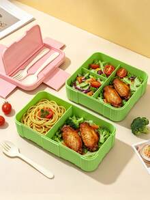 Caja Bento Dividida Estilo Japonés con Bloques de Color, Caja de Almuerzo a Prueba de Fugas y Fácil de Limpiar, Adecuada para Oficinistas, Estudiantes, Comidas Ligeras, Caja de Almuerzo Portátil, Viene con Utensilios - Rosa - Ver 4