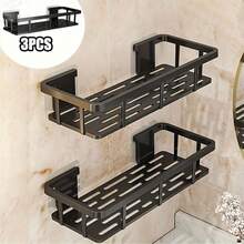 1/2pcs Agate Black Shower Caddy, No-Drill Wall-Mounted With Hooks, Bathroom Storage Rack, No-Drill With Drainage Holes, Kitchen Spice Rack - Black - View 7