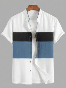 Men's Plus Size Fashion 2pcs Set Solid Color Contrast Collar Open Front Casual Minimalist Versatile Daily Outing Summer Bestseller Preppy Classic Commuter Short Sleeve Shirt And Shorts Set - Blue - View 4
