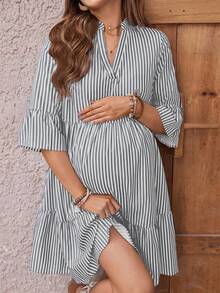Short-Sleeved Shirt Dress With High Neck And Stripes For Maternity - Light Grey - View 1