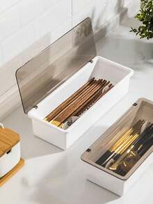 2pcs Home Dust-Proof Covered Cutlery Storage Box, Kitchen Multi-Functional Spoon Fork Cutlery Integrated Storage Rack - View 3