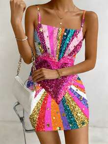 Rainbow Heart Print Cami Mini Dress, For Party Gatherings, Breathable Polyester, Stylish, For Casual Party Events. - Multicolor - View 1