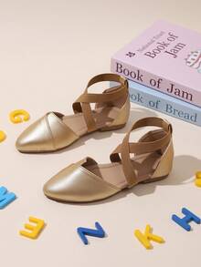 1 Pair Kids Summer Closed-Toe Sandals, Pointed Toe Elastic Cross Strap Slip-On Gold Versatile Party Sandals, Suitable For Shopping, Outfit Matching, School Performances, Outdoor Play - Gold - View 2
