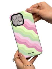 GIIPPA 1pc Pink & Green Diagonal Wave Pattern Design Phone 17 Pro Max Case, Compatible With Phone 16 Pro Max, 15 Pro Max, 14 Pro Max, Korean Style High-End Fashion Fun Phone Case, Compatible With 11/12/13/14/15/73 Pro Max Plus, Elegant Design Suitable For Men And Women, Perfect Gift For Girlfriend On Christmas, Valentine's Day, Easter, Wedding Season And Birthday! - Multicolor - View 3