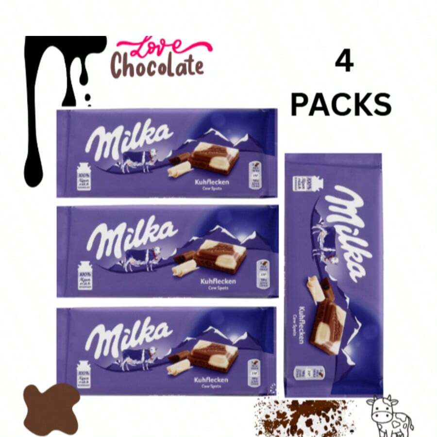 Milka Milk And White Chocolate Confection Bar, Cow Spots Design, Alpine Milk Chocolate With White Chocolate, 3.52 Oz, 4-Pack - Chocolate - View 1