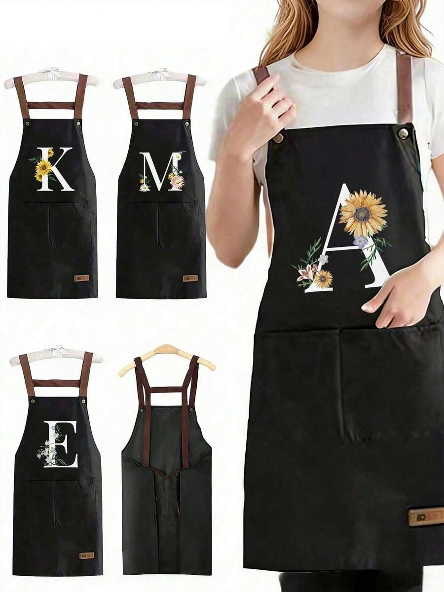 Fun Kitchen Accessories Sleeveless Apron, Printed With Floral Sunflower Daisy Letter A-Z Patterns, Kitchen Tools Cooking Sleeveless Thickened Neutral Style, Kitchen Supplies, Black Waterproof Oil-Resistant Adjustable Kitchen Cooking Apron