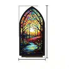 Sujetalibros de acrílico estilo vidrio colorido con bosque y río, estantería decorativa 2D con ventana gótica, organizador de escritorio con paisaje colorido, estantería de arte, adecuado para oficina en casa, regalo único para amantes de los libros y entusiastas de la naturaleza, decoración de escritorio antideslizante - 1PC - Ver 4