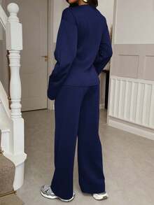 Christmas Women's Waist-Cinched Mid-Length Sweatshirt And Pants Slimming Grey Set - Navy - View 3