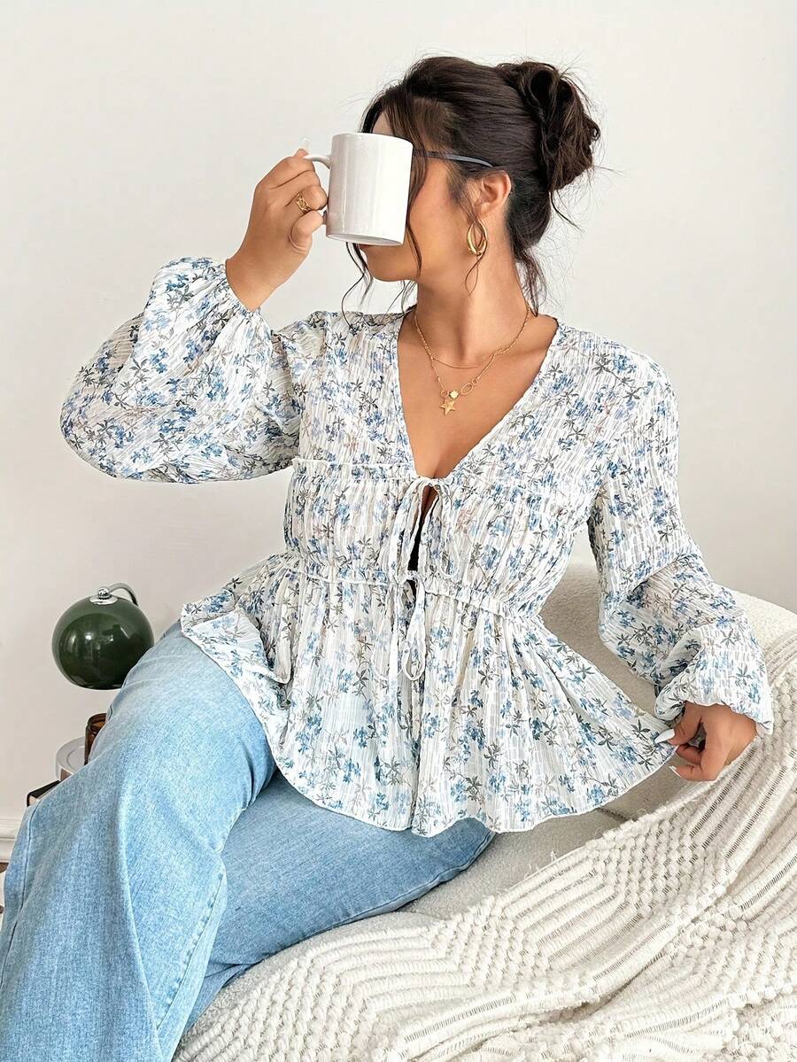 2025 Top Bohemio Floral con Cuello en V, Manga Larga, Cintura Elástica Fruncida y Falda Casual en Línea A - Blanco - Ver 1