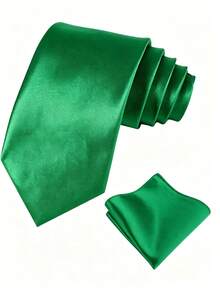 1set Men's Solid Color 8cm Tie And Pocket Square Set, Satin Tie And Handkerchief Set, Business Tie And Pocket Square - Green - View 2